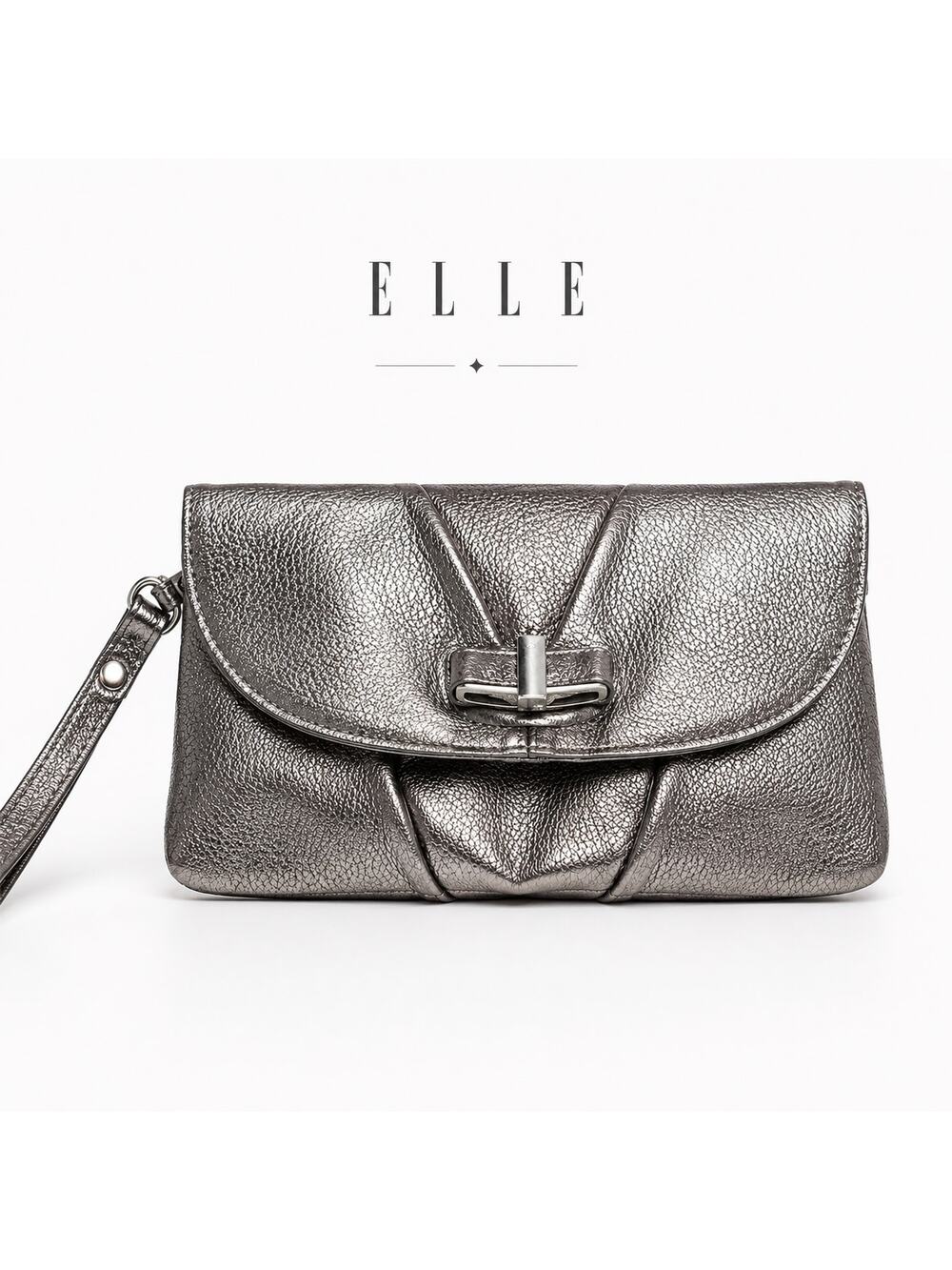 ELLE Metallic Silver Evening Clutch Wristlet Textured Faux Leather Purse